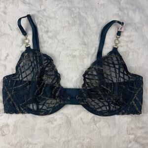 Victoria’s Secret Very Sexy Dark Green Mesh Lace Shimmery Demi Bra 34B Gold Det